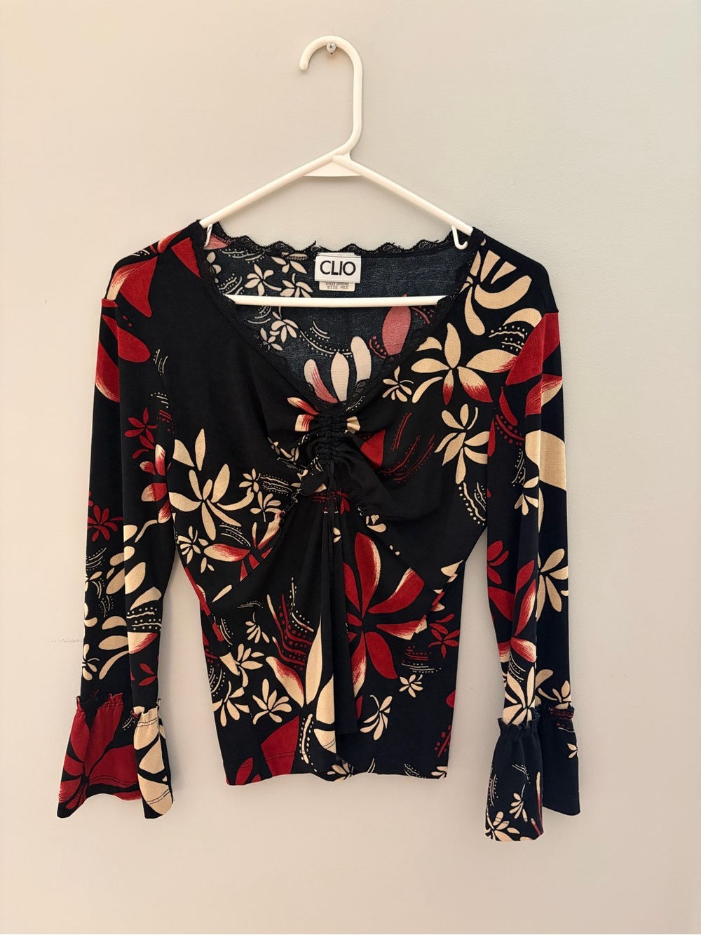 Clio Black Floral Tie-Front Long Sleeve Top